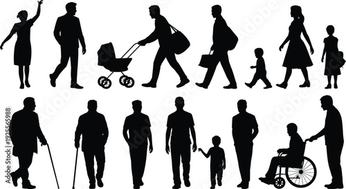 Walking people silhouettes set, family crowd with stroller, elderly cane, wheelchair assistance, daily lifestyle characters isolated on white background