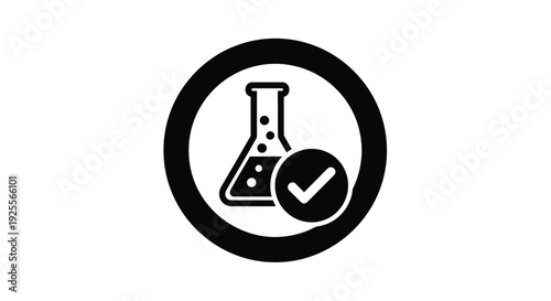 Certified laboratory flask with checkmark inside a black circular symbol
