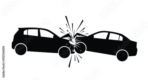 A dramatic black silhouette depicts a head on car collision with shattered glass