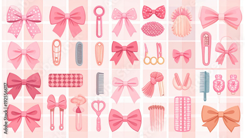 Flat Hair Accessories Vector Set – Hairpins, Clips, Combs, Ribbons and Bowknots Collection