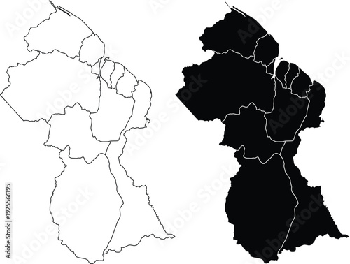 Guyana Map Outline Regions Black and White administrative divisions