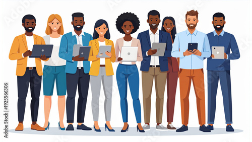 Diverse People Using Laptops and Smartphones – Modern Flat Minimalist Business Vector Set