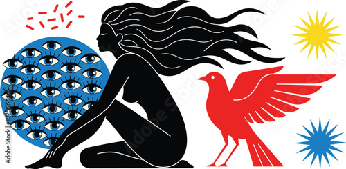 Seated female silhouette illustration, abstract symbolic artwork, flowing hair design, red bird vector, eye circle concept, starburst artistic composition