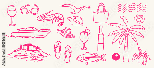 Hand Drawn Summer Beach and Vacation Doodle Set. Perfect for Coastal Designs, T-Shirts, Posters, and Invitations.