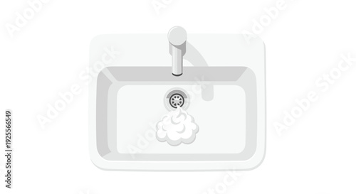 A top-down view shows a rectangular white ceramic sink with a silver faucet and white soap foam over the circular drain.