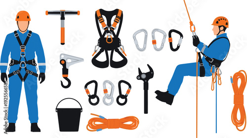 Industrial climbing safety equipment set with worker in harness, carabiners, ropes, helmet, pulley, and tools, cad drawing flat vector illustration.