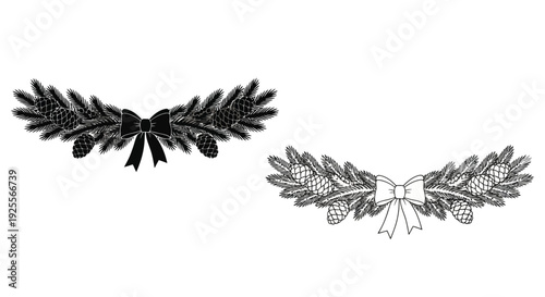 Two symmetrical black and white wreath illustrations with pinecones and bows