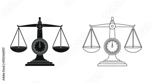 Two depictions of antique balance scales with circular clock faces