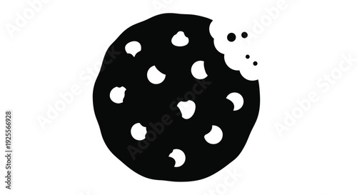 A black and white illustration of a chocolate chip cookie with a bite taken out