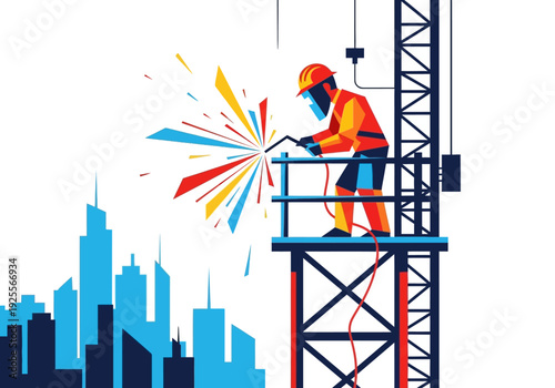 Construction Worker Using Power Tool on Scaffolding.