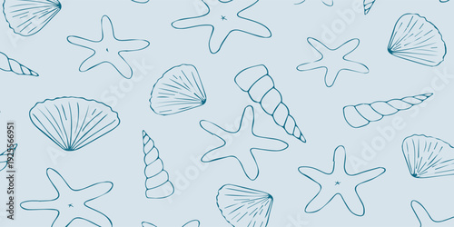 Seamless pattern with hand drawn seashells and starfish on a light blue background.