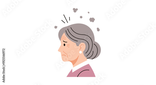 Profile view of an elderly woman with grey hair and a sad expression standing under floating grey particles on a white background.