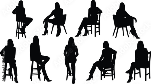 Seated posture silhouettes, women sitting poses, chair sitting illustration, fashion figure art, high heel silhouettes, diverse chair sitting styles