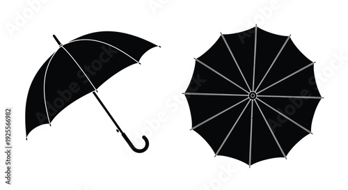 Two black umbrellas a side view and a top down perspective