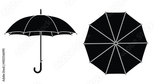 Black umbrella illustration side and top views displayed in stark contrast