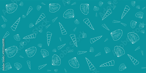 Seamless Pattern of Hand-Drawn Seashells and Marine Life Outlines on Teal Background.