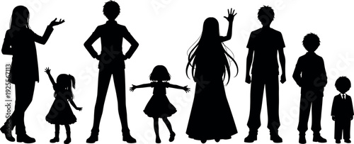 Anime style family group silhouette vector illustration featuring diverse standing characters of men, women, teenagers, and young children in black.