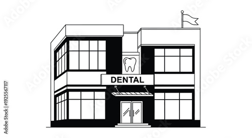 Simple black and white illustration of a dental clinic building facade