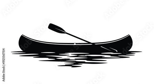 A simple black and white illustration of a canoe on water