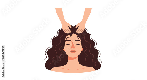 Frontal view of a woman with dark curly hair and closed eyes receiving a scalp massage from two hands on a white background.