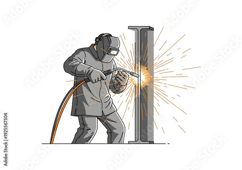 Welder in protective gear working on metal.