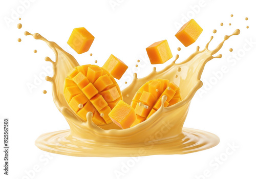 Fresh mango chunks splashing isolated on transparent background