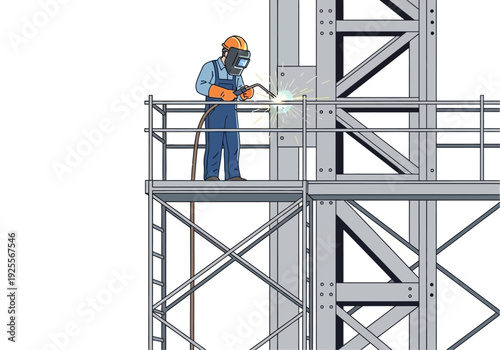 Construction Worker on Scaffolding with Power Tool.