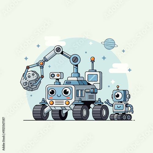 Cute cartoon space rover and robot friends exploring an asteroid field on a distant planet