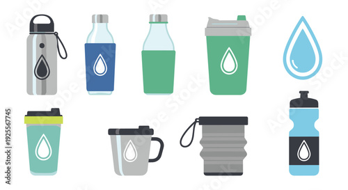 A collection of eight different reusable water bottles and containers with a blue water drop icon arranged on a plain white background.
