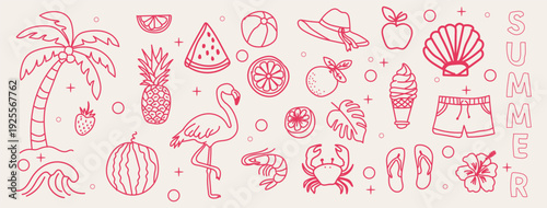 Hand drawn doodle beach for summer. Featuring tropical elements like palm trees, waves, surfboards, and refreshing drinks, perfect for summer designs, t-shirts, posters, and placard prints.