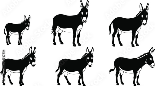 A comprehensive set of black and white silhouettes featuring domestic donkeys in various standing and walking poses, ideal for farm animal and livestock themes.