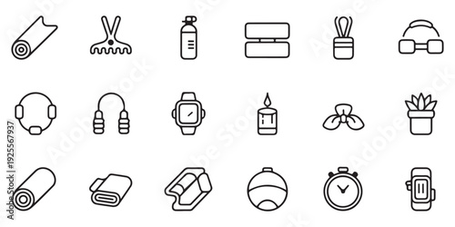 Yoga and wellness equipment icon set including mat timer candle and exercise gear for healthy lifestyles