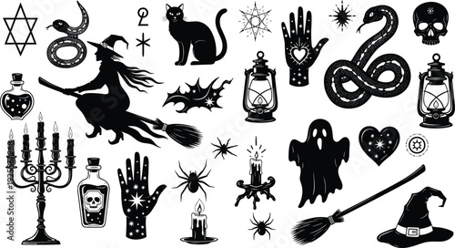 Mystical witchy silhouettes collection with snakes, black cat, witch on broomstick, candles, skulls, magic potions, and lanterns, cad drawing flat vector.