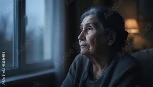 A tired older woman alone at dusk at home by the window. Photographs that captured the essence of the moment.