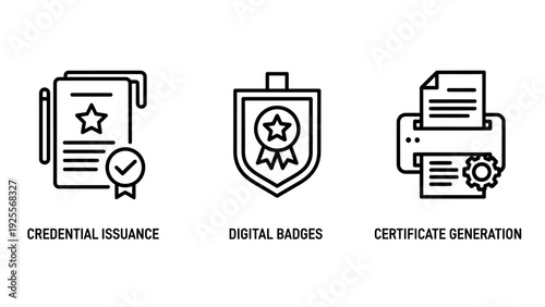 Collection of three modern line icons representing credential issuance, digital badges, and certificate generation for achievements and recognition.