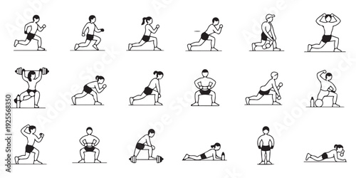 Set of 15 diverse exercise and fitness outline icons, showcasing various physical activities and poses