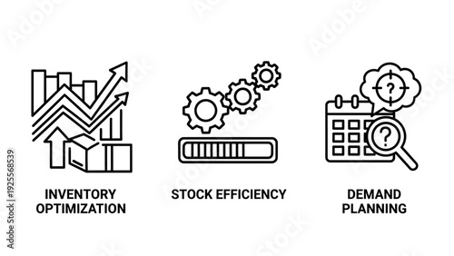 Inventory Optimization, Stock Efficiency, and Strategic Demand Planning Business Process Outline Icons