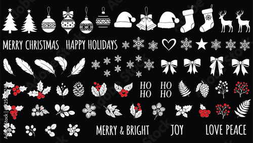 Christmas holiday vector elements set with pine trees, ornaments, snowflakes, reindeer, holly berries, winter decorations, and festive hand-lettered seasonal greetings.
