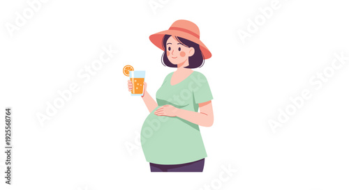 A pregnant woman wearing a green shirt and an orange hat holds a glass of orange juice with a citrus slice.