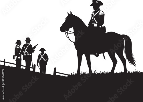 Colonial soldiers and general on horse in battlefield vector silhouette line art graphics