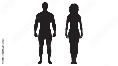Silhouettes male and female human figures standing side by side, full body profile icons in black, minimal flat design isolated on white background featuring man icon, woman icon, couple with pair
