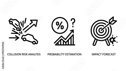 Collision risk analysis, probability estimation, and impact forecast icons for risk assessment, insurance, and strategic planning.