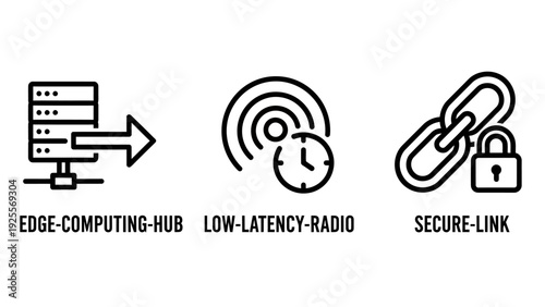 Icons for edge computing hub, low-latency radio, and secure link, showing server, wireless signal, and chain with lock