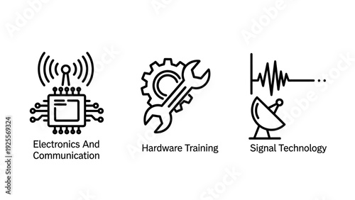 Icons for electronics and communication, hardware training, and signal technology, featuring chip, tools, and satellite dish