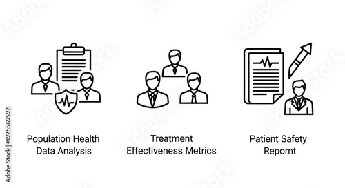 Icons representing population health, treatment effectiveness, and patient safety reports for medical and healthcare analysis