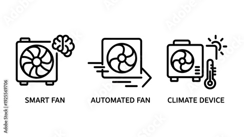 Smart fan icons representing intelligent cooling, automated climate control devices, and temperature regulation for modern homes and technology.