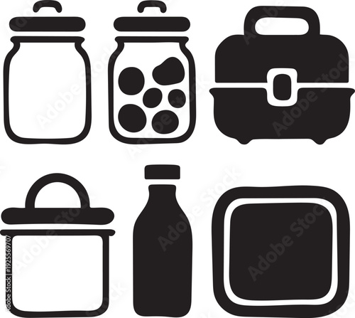 Kitchen Storage Icons Jar Bottle Lunch Box Silhouette Set Black