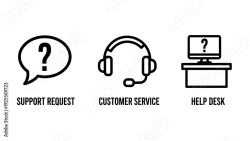 Customer support icons: support request via chat bubble, headphones for customer service agent, and help desk computer with question mark.