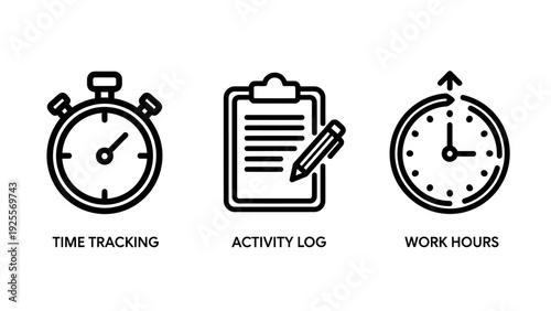 Work management icons: stopwatch for time tracking, clipboard with pencil for activity log, and clock indicating work hours for productivity and planning.