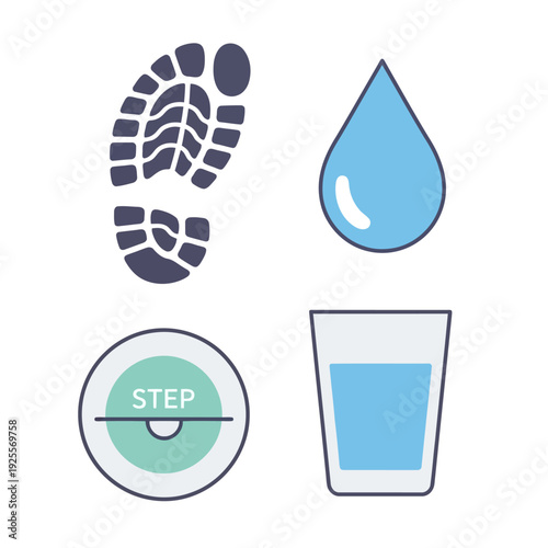 Collection of health and wellness icons featuring a footprint, a water droplet, a step counter, and a glass of water